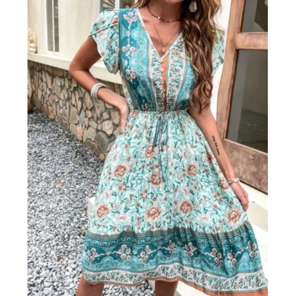Boho floral print V neck ruffle hem dress - Picture 5 of 6